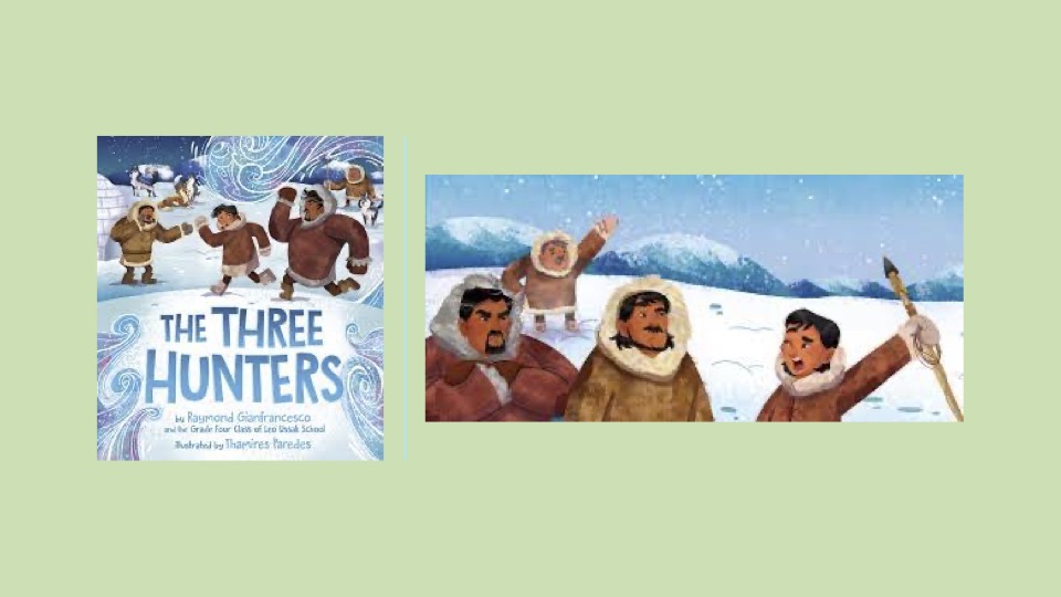 The Three Hunters cover on left and interior illustration on right