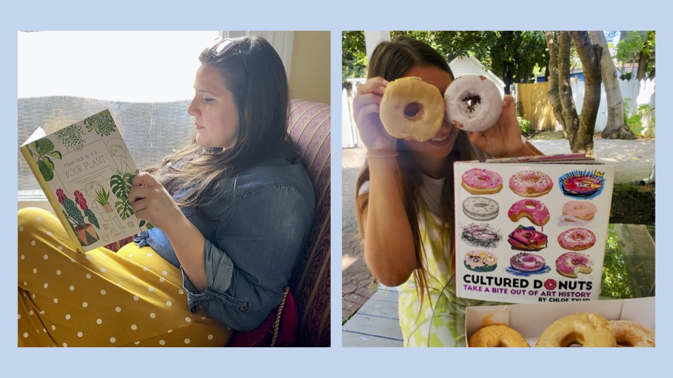 Heather reading in the sunlight and Izzy clowning with donuts