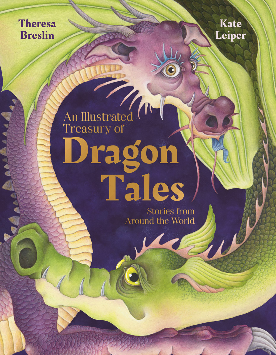 Two dragons ring the book title against a purple background. One is green and yellow and the other pruprle and green with yellow highlights