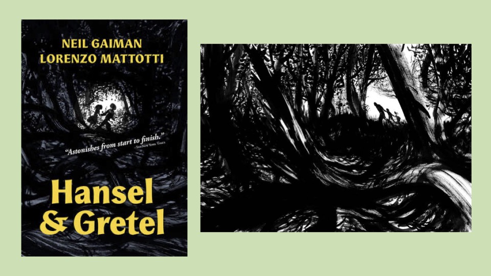 Hansel & Gretel cover on left and interior spread on right