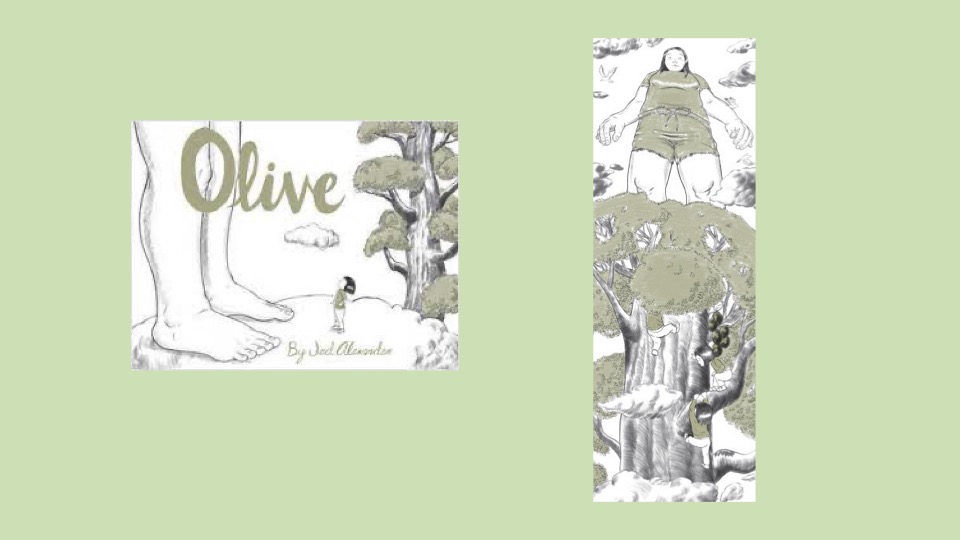 Olive cover on left and interior spread turned from landscape to portrait orientation on right