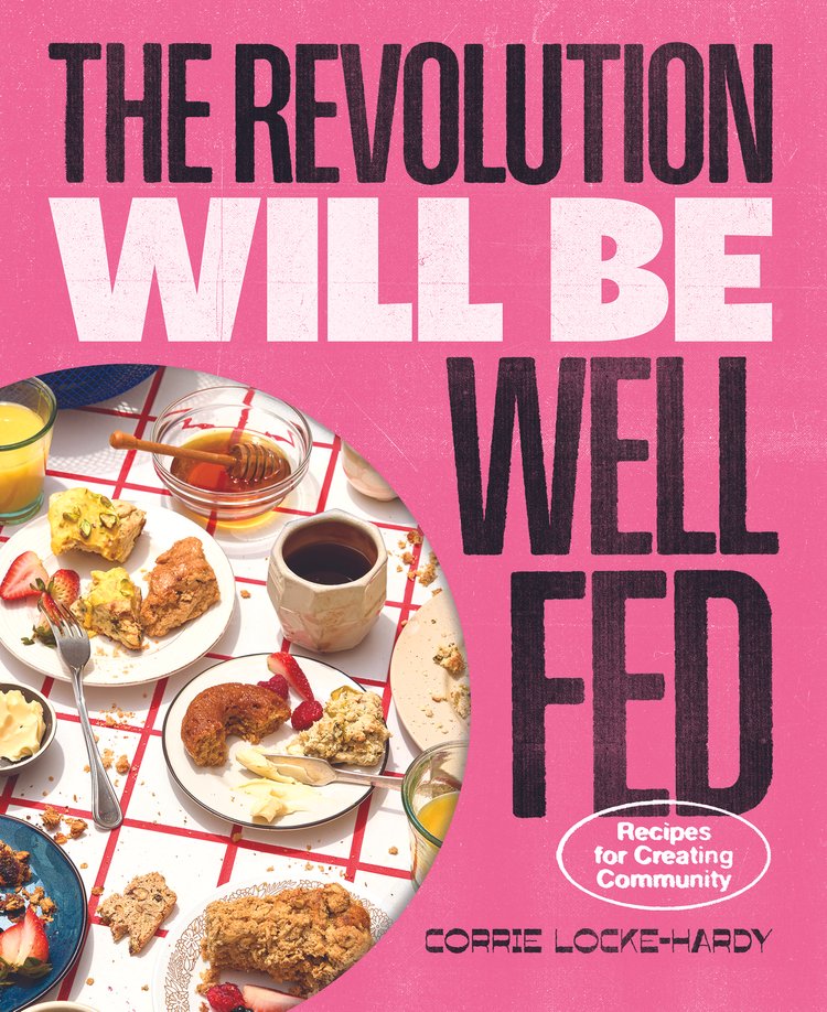 cover image for pink book with table of food and title in black and white