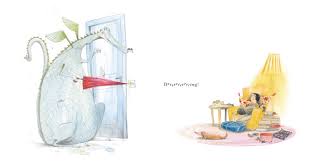 Left page illustration shows dragon entering doorway with folded red umbrella; right side illustration is of a white child with a pile of books and the line "Drrrrrrrrrrring!"