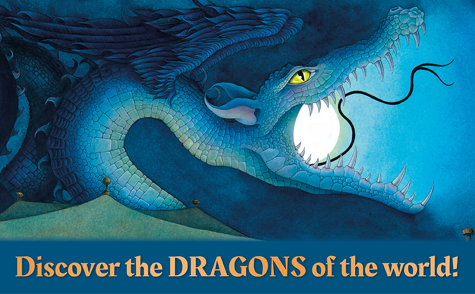Tag line runs across lower border of image of an open mouthed, forked tongue dragon of bright blue, with a light emanating from its mouth