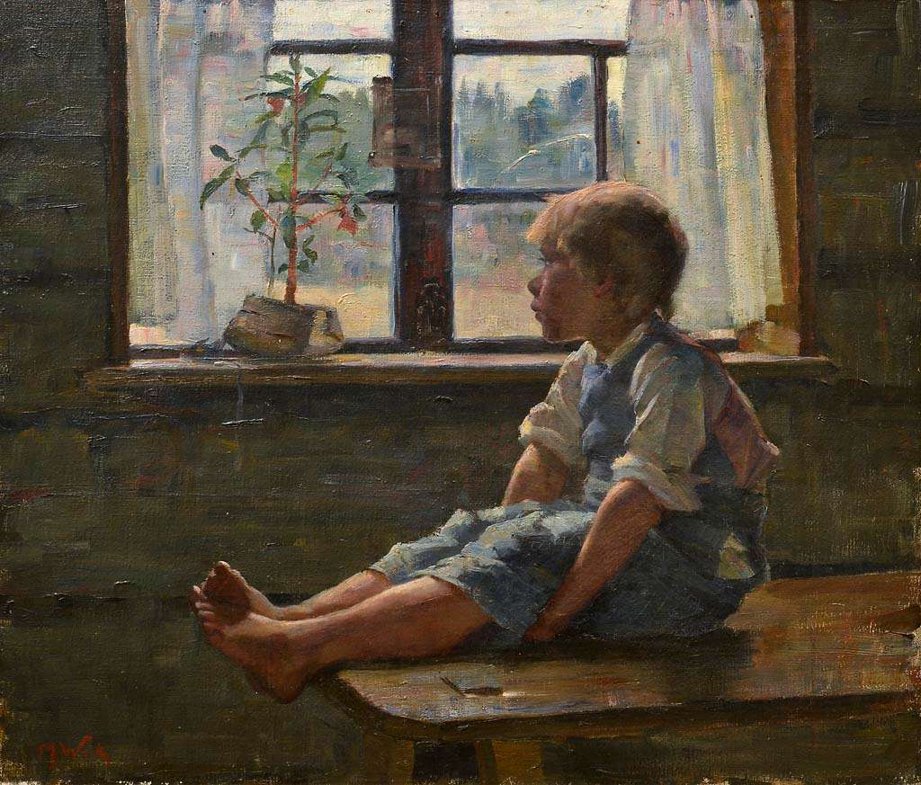 Painting of child looking out of a window